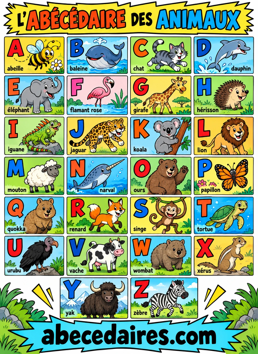 Abécédaire des animaux de A à Z en français, style bande dessinée, par Abecedaires.com.
