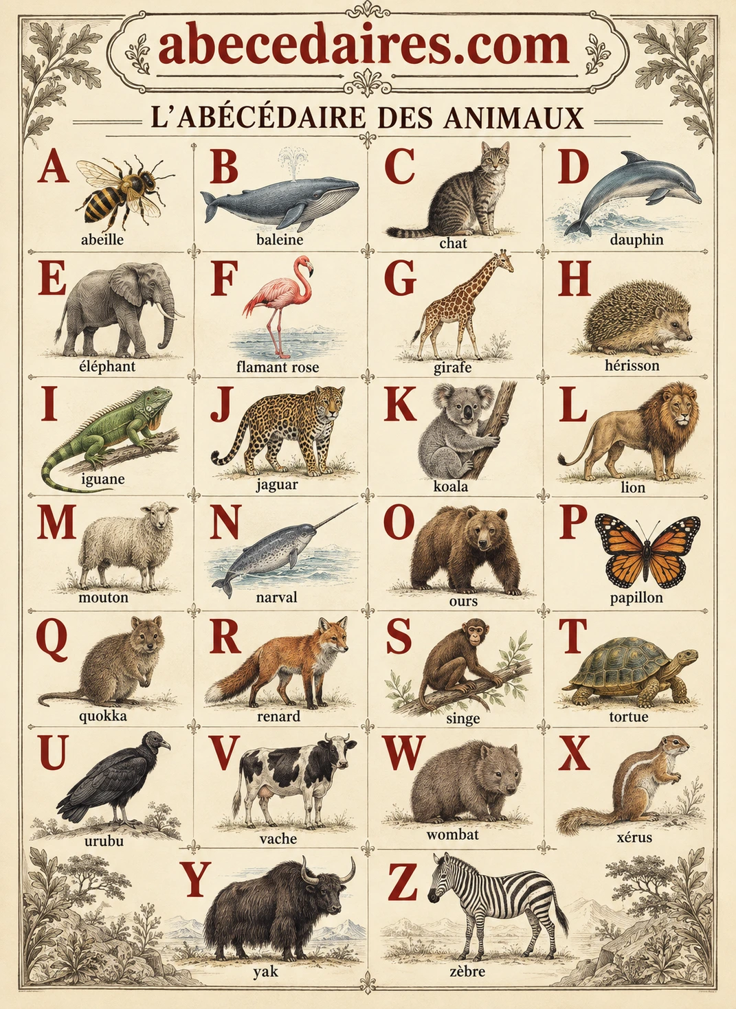 Abécédaire des animaux de A à Z en français, style cabinet naturaliste, par Abecedaires.com.