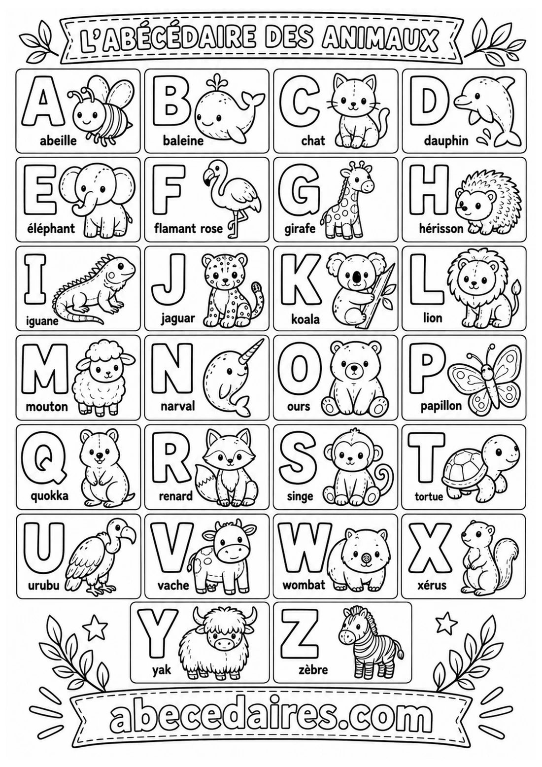 Abécédaire à colorier de A à Z en français, noir et blanc, style animaux — doudous, par Abecedaires.com.