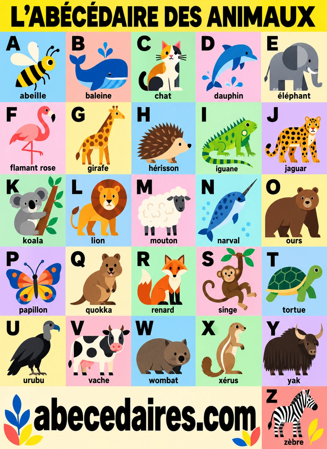 Abécédaire des animaux de A à Z en français, style pop géométrique, par Abecedaires.com.