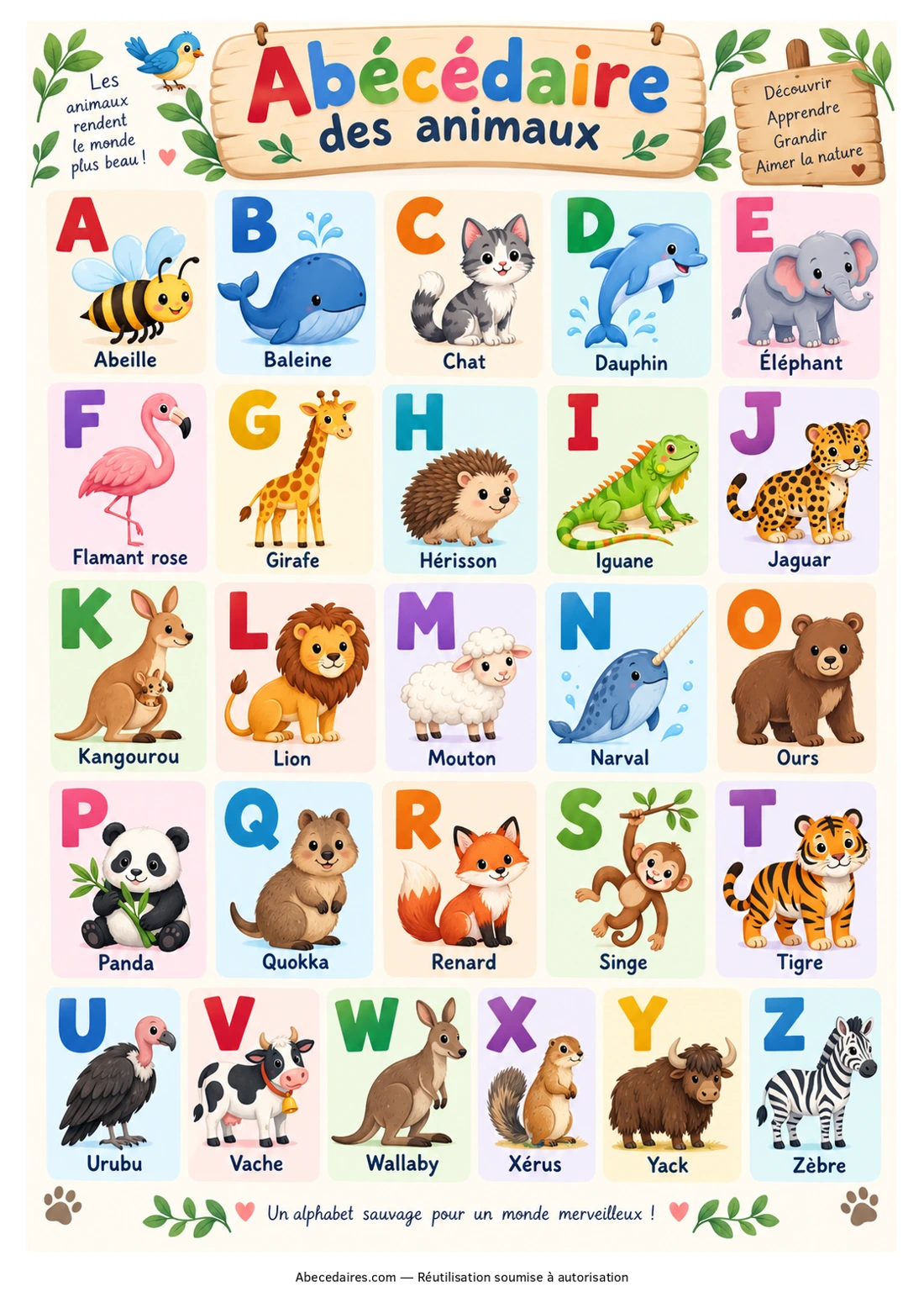 Abécédaire des animaux en français, couleur.