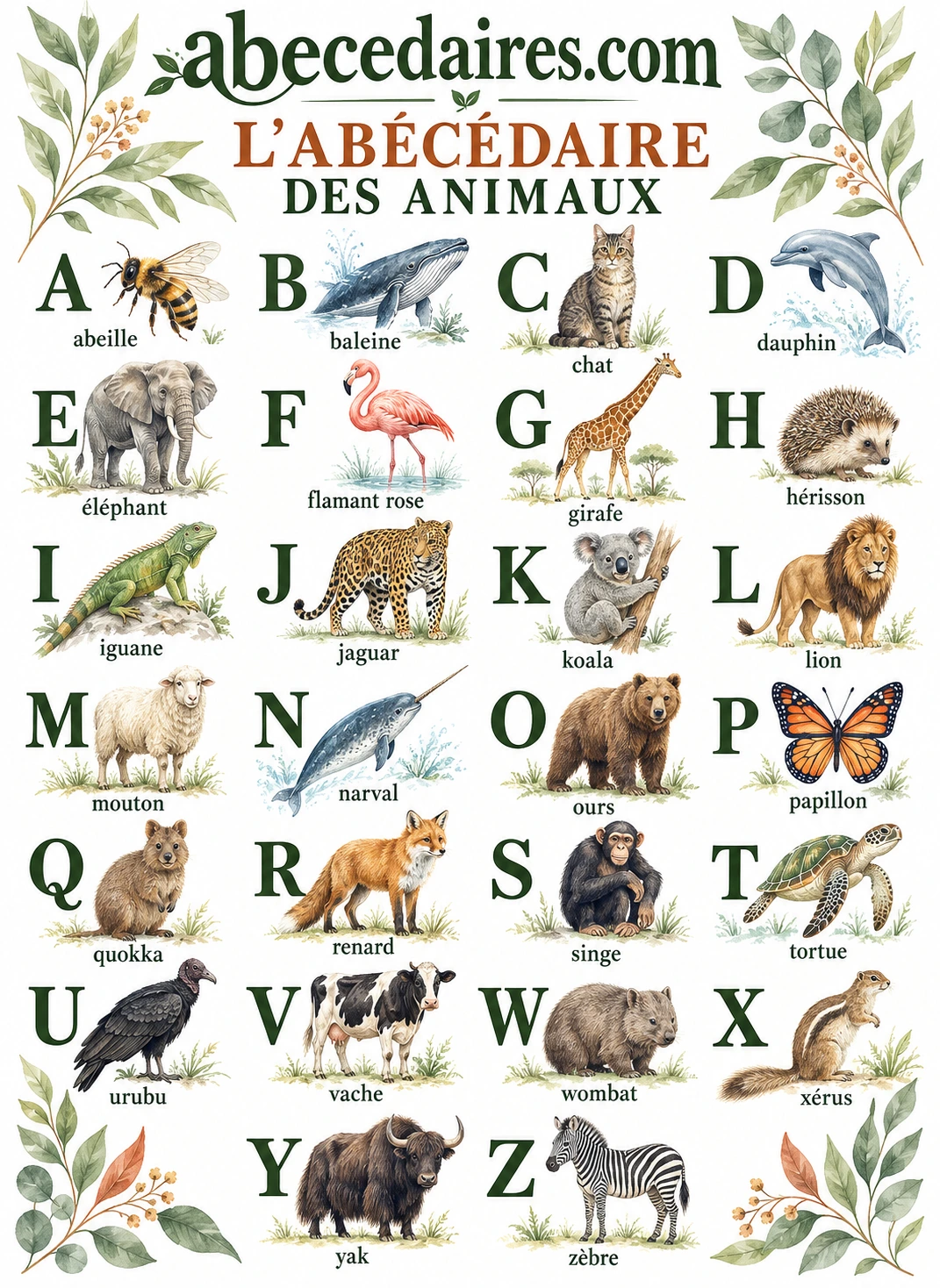 Abécédaire des animaux de A à Z en français, style aquarelle botanique, par Abecedaires.com.