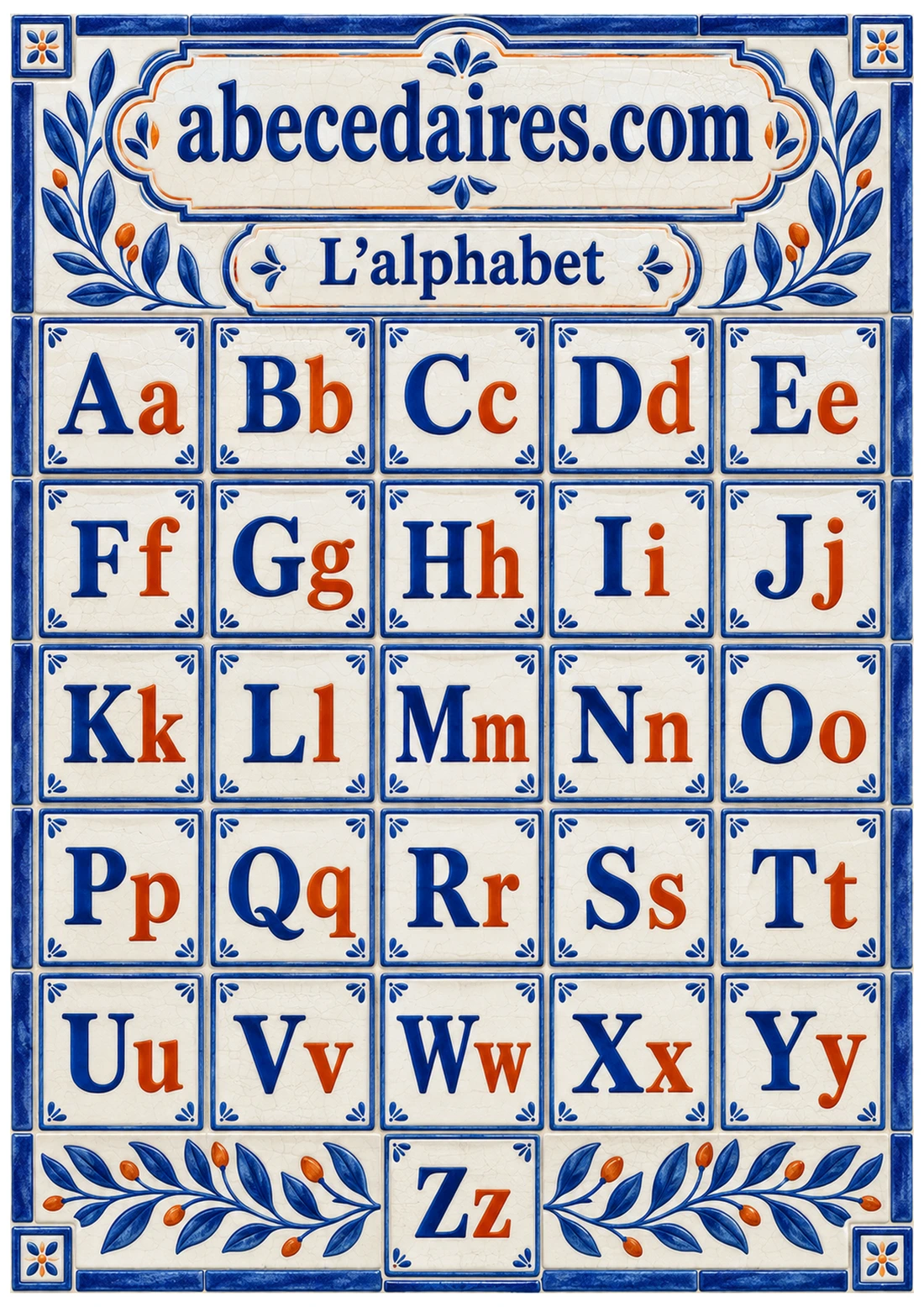 Abécédaire de l’alphabet de A à Z en français, style majuscules et minuscules — faïence méditerranéenne, par Abecedaires.com.