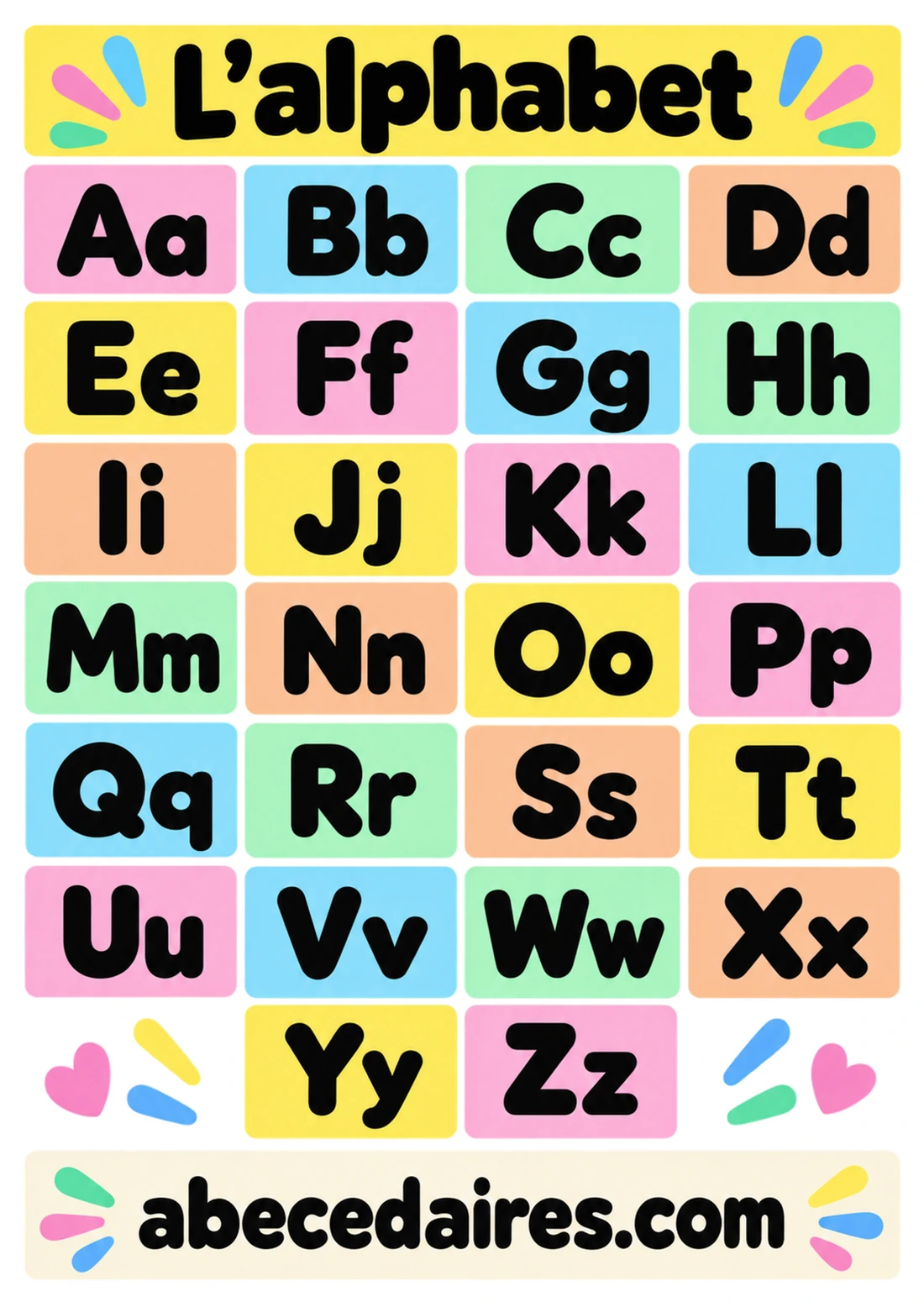 Abécédaire de l’alphabet de A à Z en français, style majuscules et minuscules — pop géométrique, par Abecedaires.com.