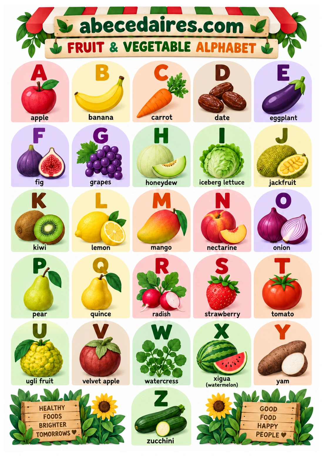 English alphabet poster from A to Z, style fruit & vegetables — paper cut, par Abecedaires.com.