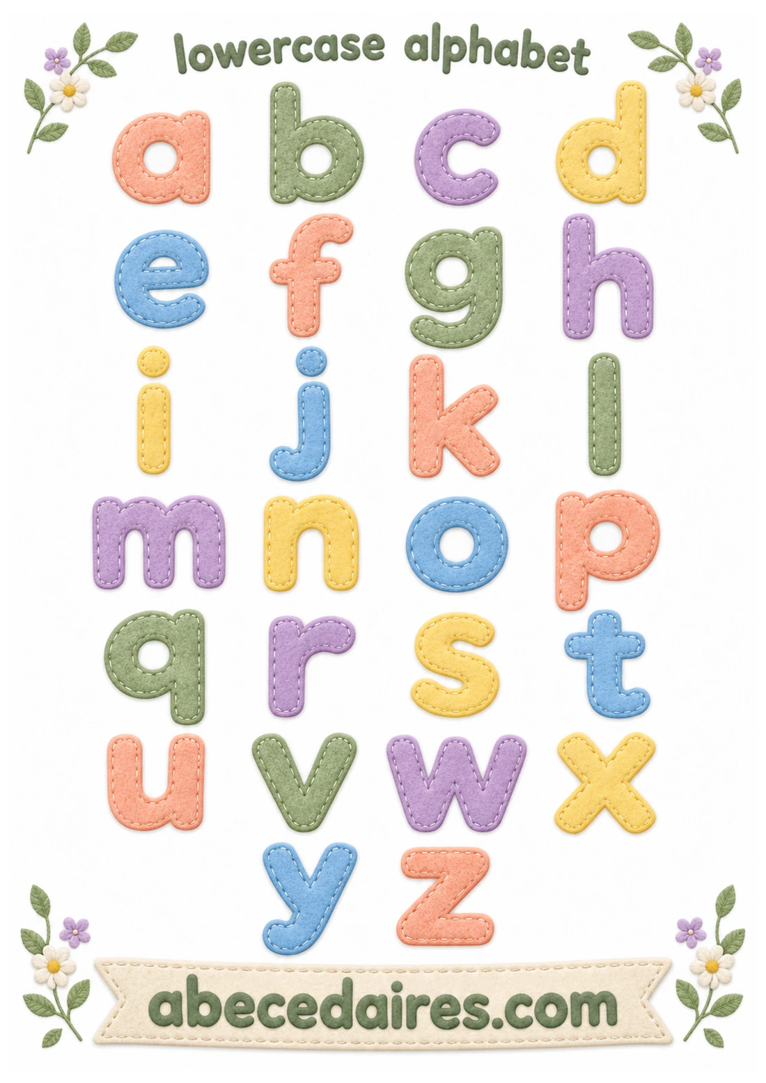 English alphabet poster from A to Z, style lowercase alphabet — garden, par Abecedaires.com.