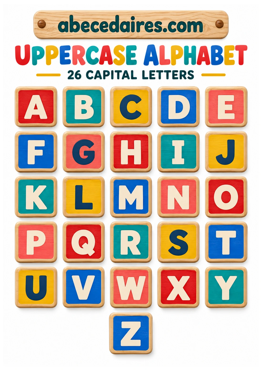 English alphabet poster from A to Z, style uppercase alphabet — toy blocks, par Abecedaires.com.