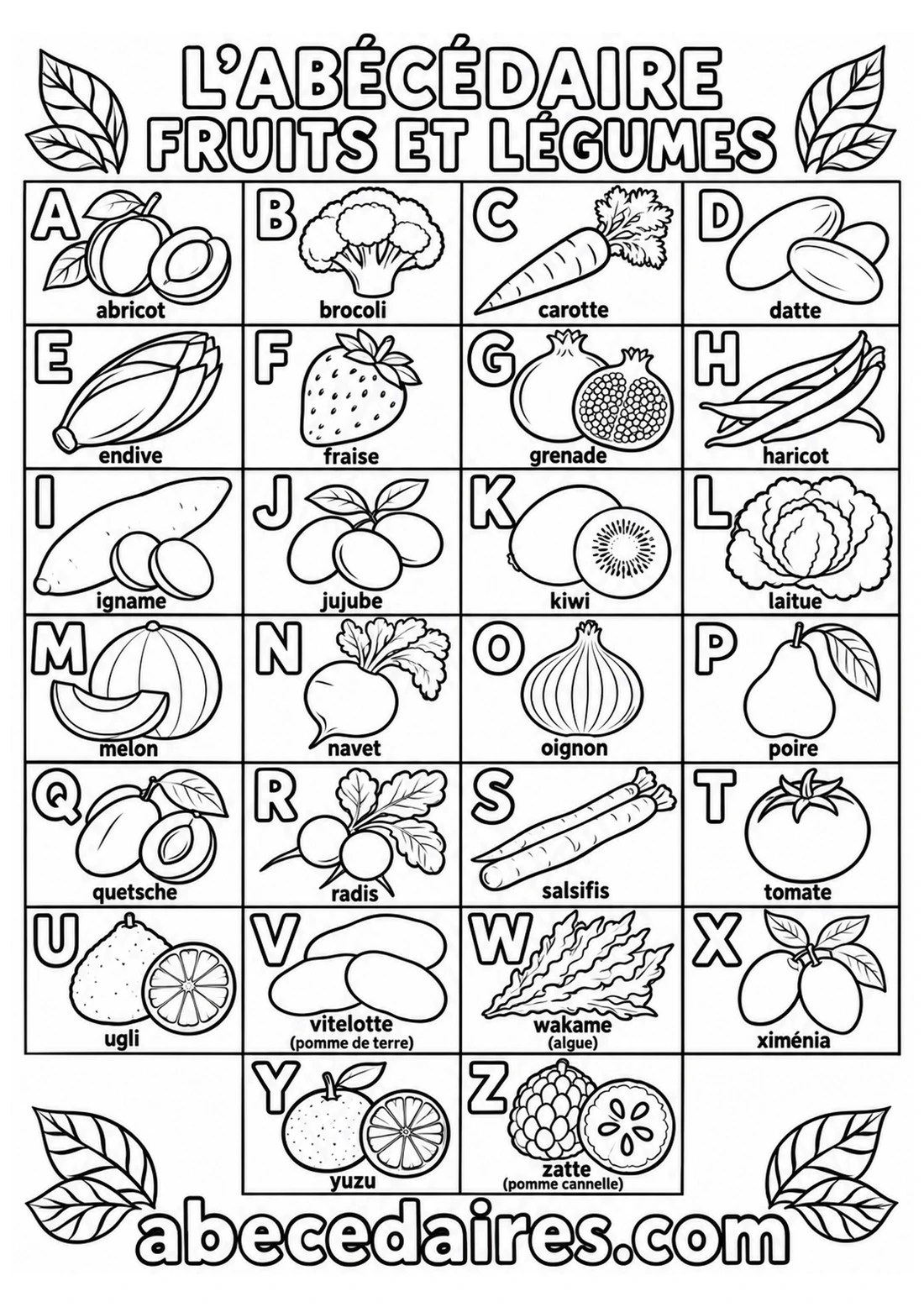 Abécédaire des fruits et légumes de A à Z en français, style coloriage, par Abecedaires.com.