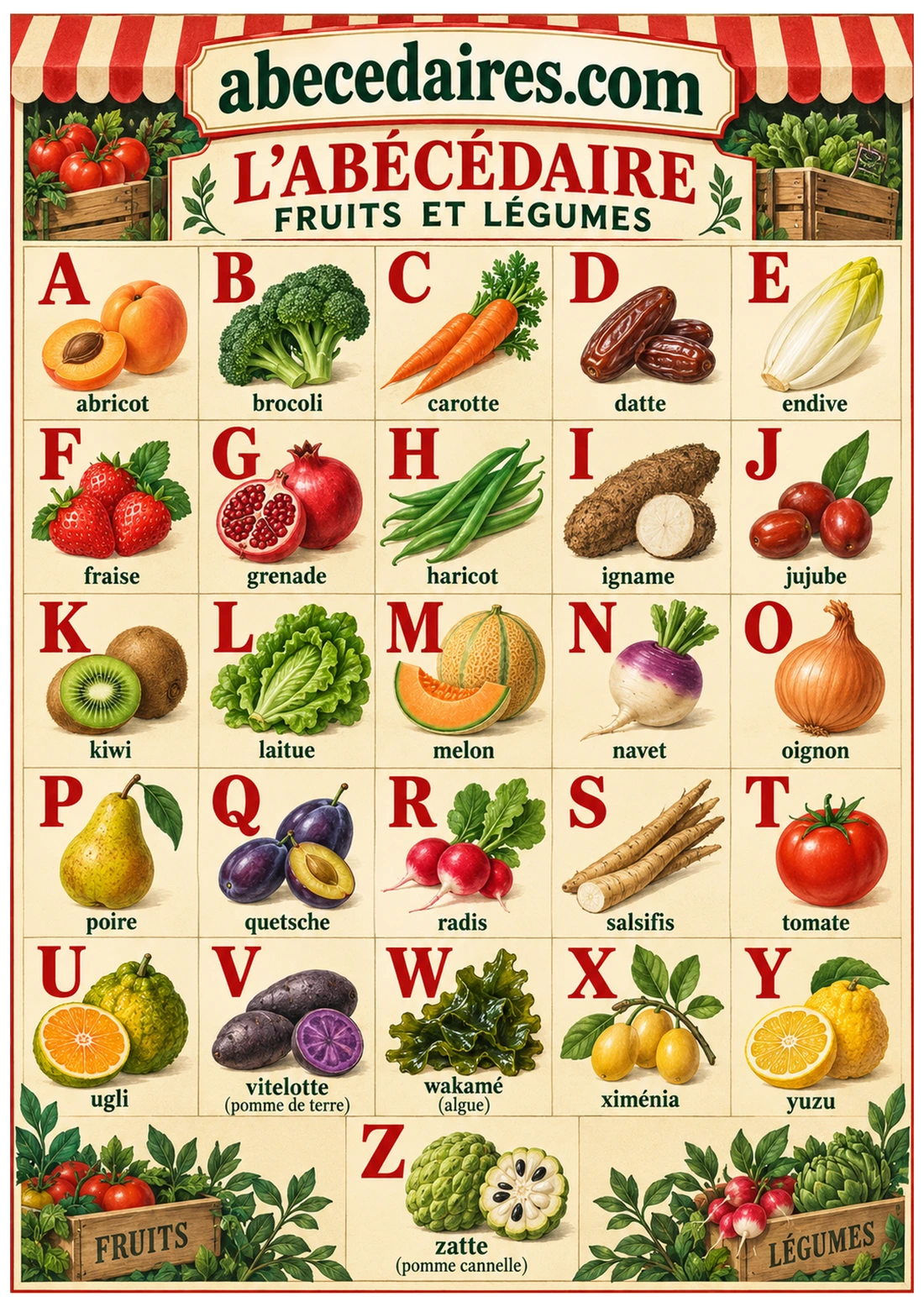 Abécédaire des fruits et légumes de A à Z en français, style marché rétro, par Abecedaires.com.