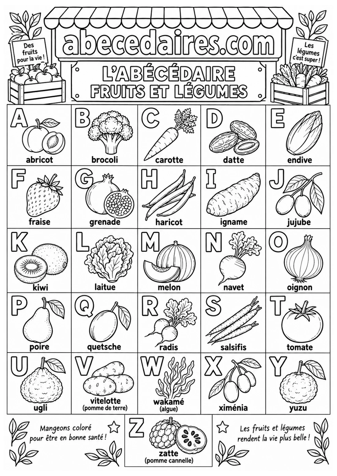Abécédaire à colorier de A à Z en français, noir et blanc, style fruits et légumes — marché, par Abecedaires.com.