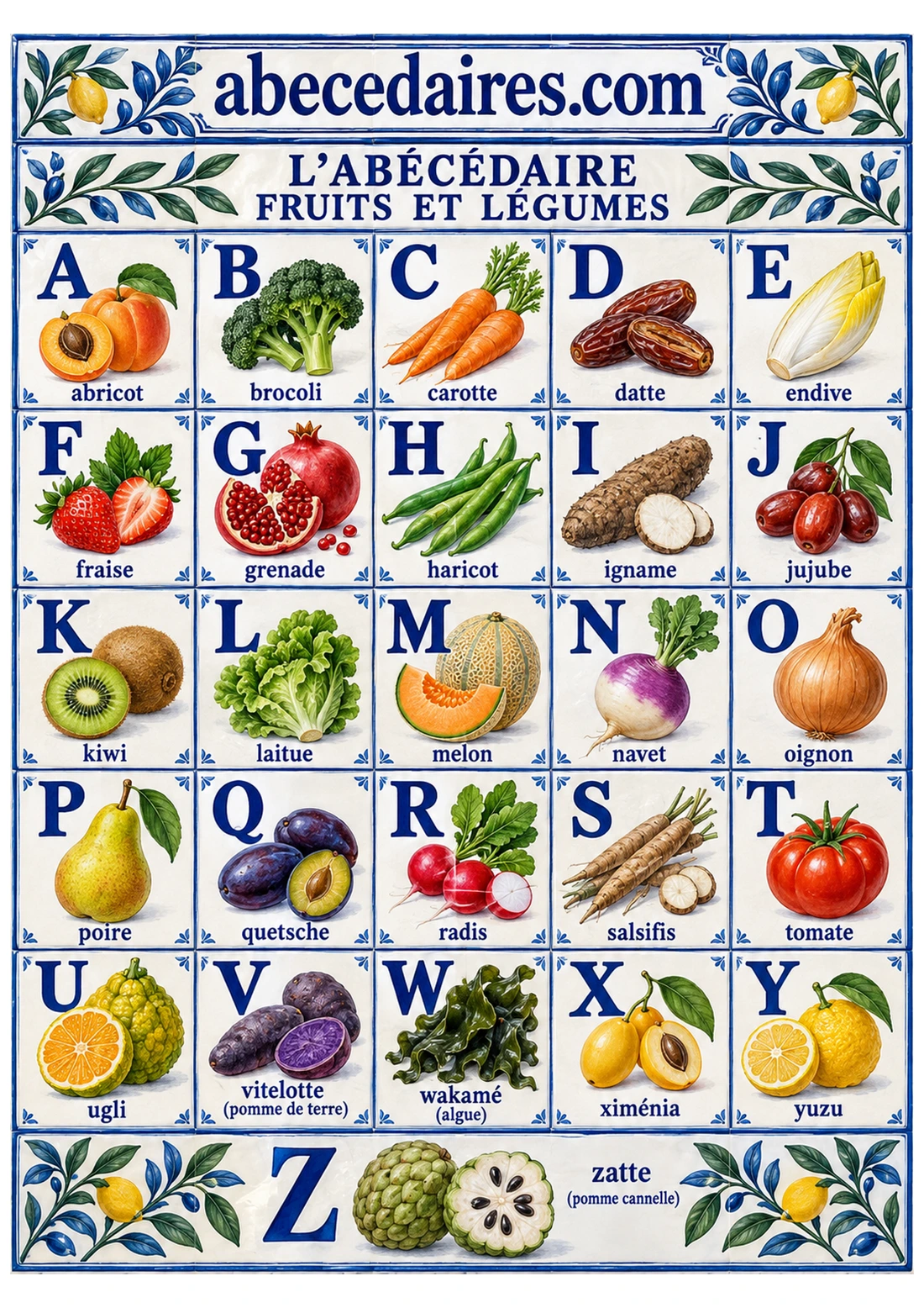 Abécédaire des fruits et légumes de A à Z en français, style faïence méditerranéenne, par Abecedaires.com.