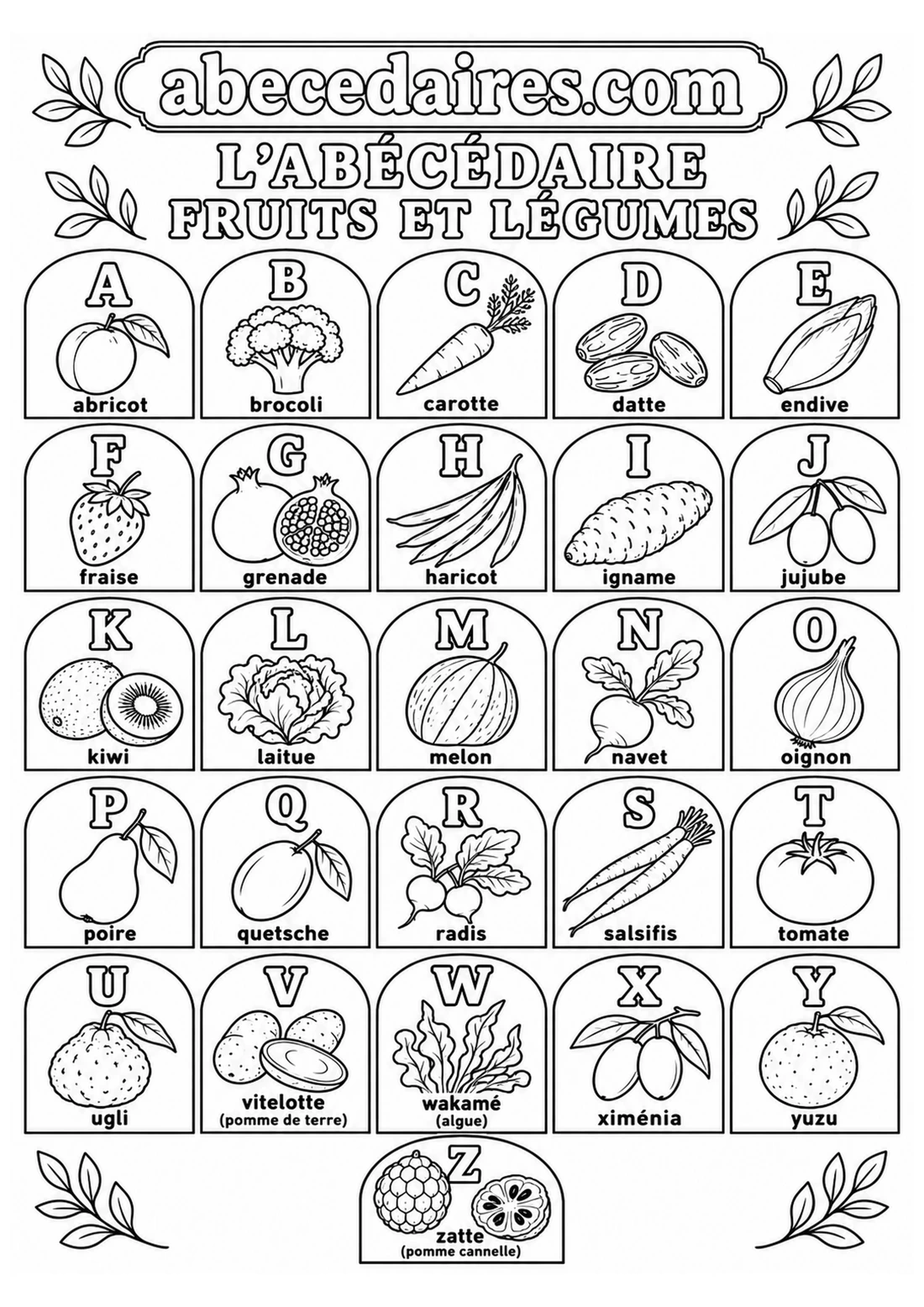 Abécédaire à colorier de A à Z en français, noir et blanc, style fruits et légumes — mosaïque, par Abecedaires.com.