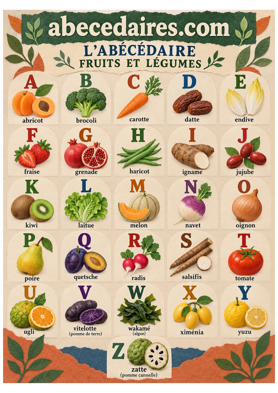 Abécédaire des fruits et légumes de A à Z en français, style papier découpé, par Abecedaires.com.