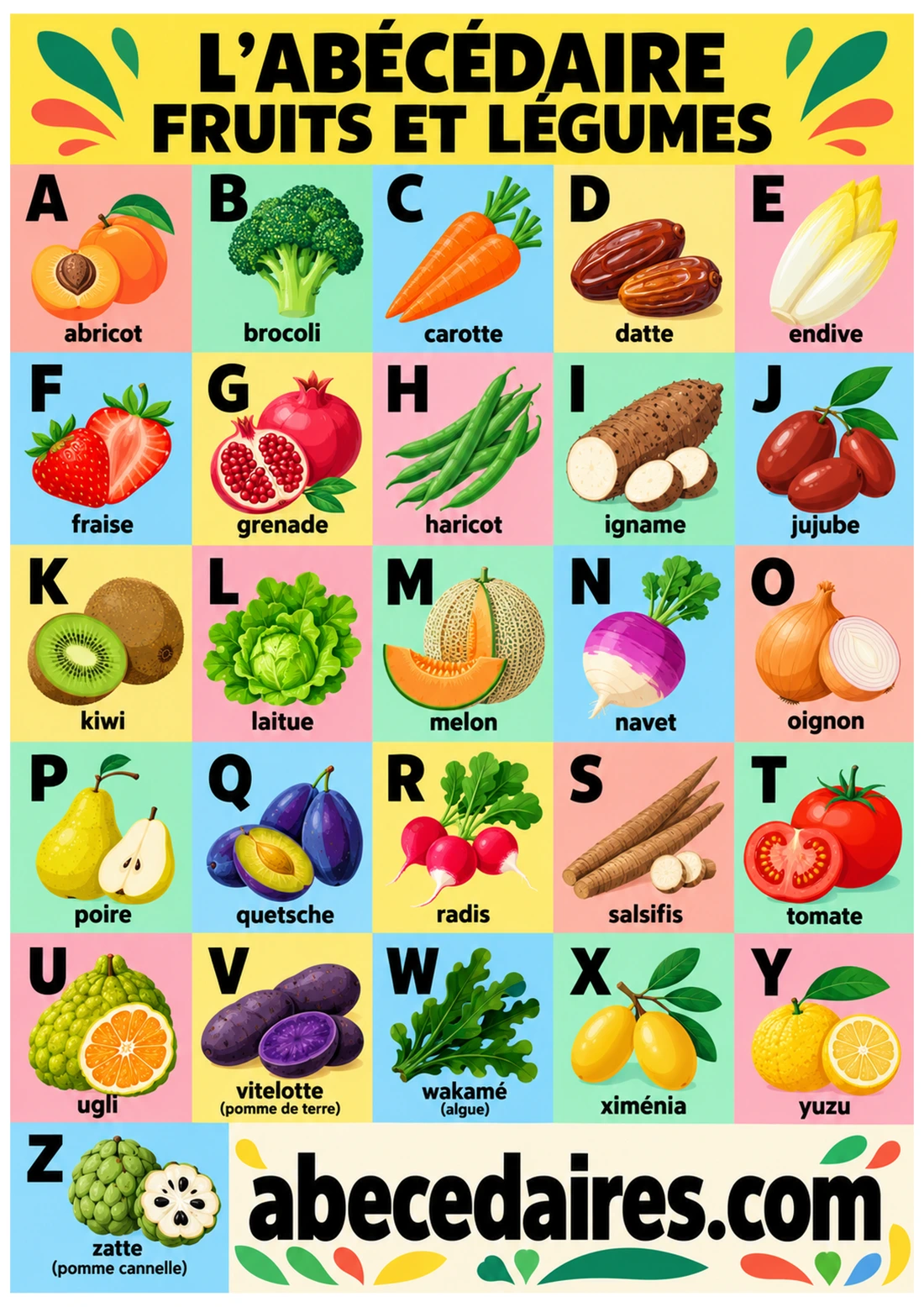 Abécédaire des fruits et légumes de A à Z en français, style pop géométrique, par Abecedaires.com.