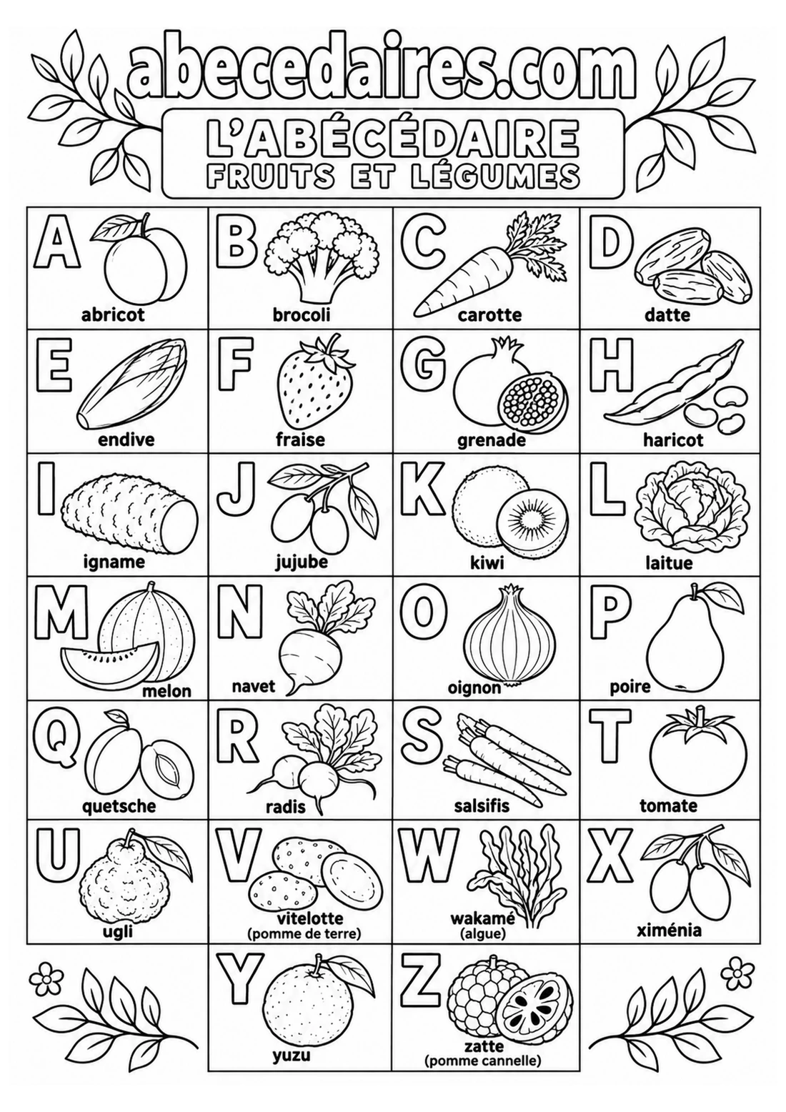 Abécédaire à colorier de A à Z en français, noir et blanc, style fruits et légumes — premiers coloriages, par Abecedaires.com.