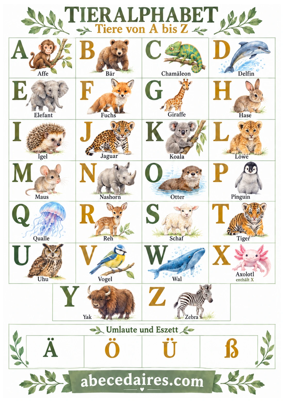 Deutsches Alphabet von A bis Z mit Umlauten und Eszett, Stil tieralphabet, par Abecedaires.com.