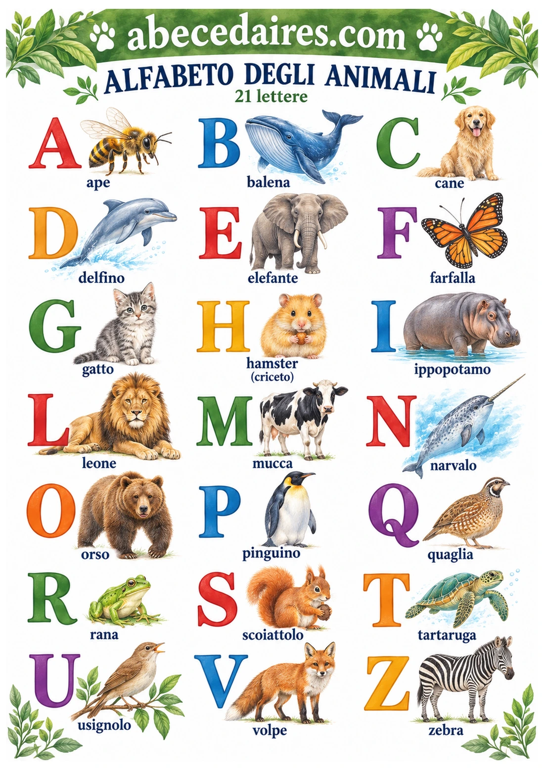 Alfabeto italiano tradizionale di 21 lettere, stile animali — crayons et aquarelle, par Abecedaires.com.