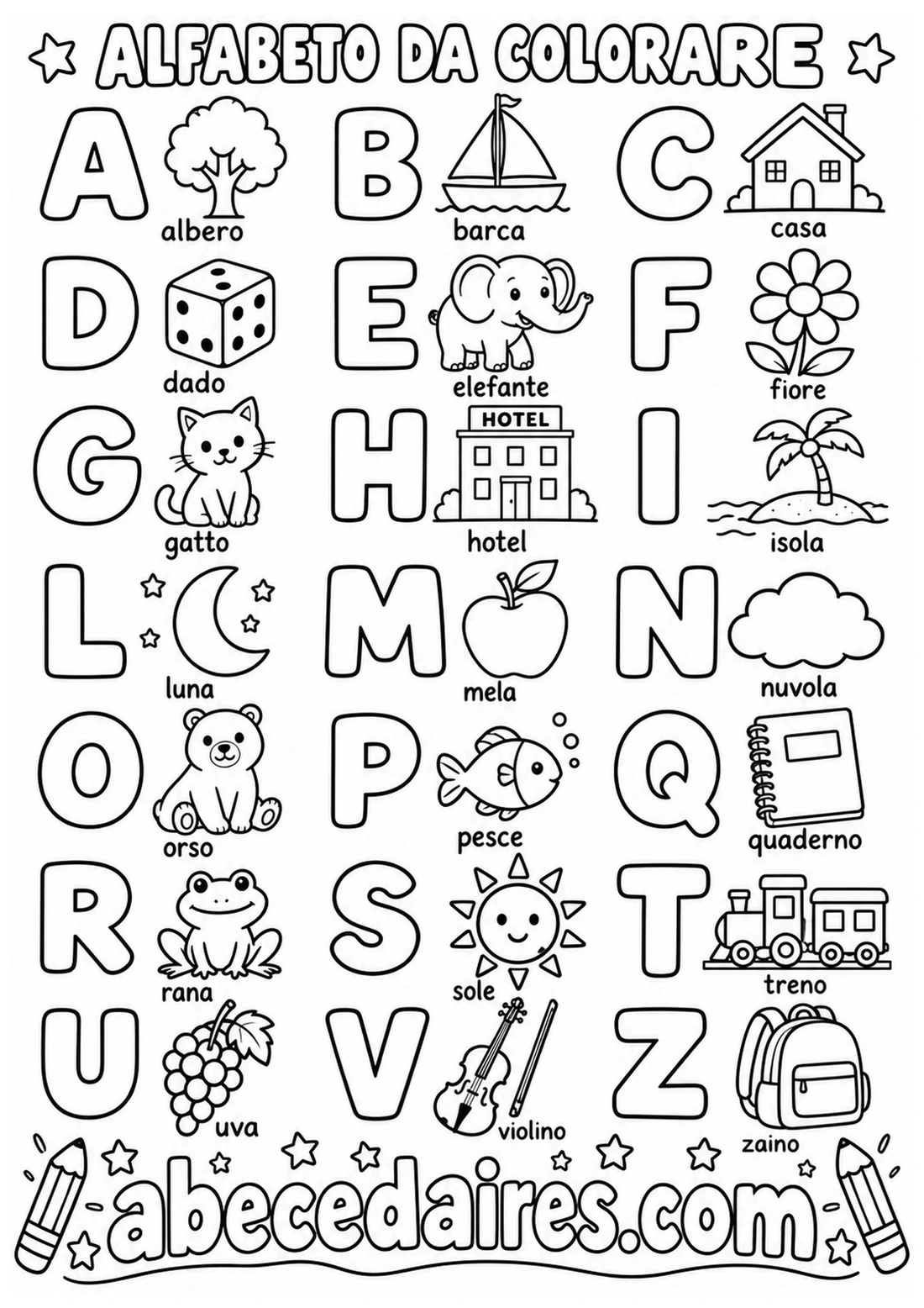 Alfabeto italiano tradizionale di 21 lettere, stile alfabeto da colorare, par Abecedaires.com.