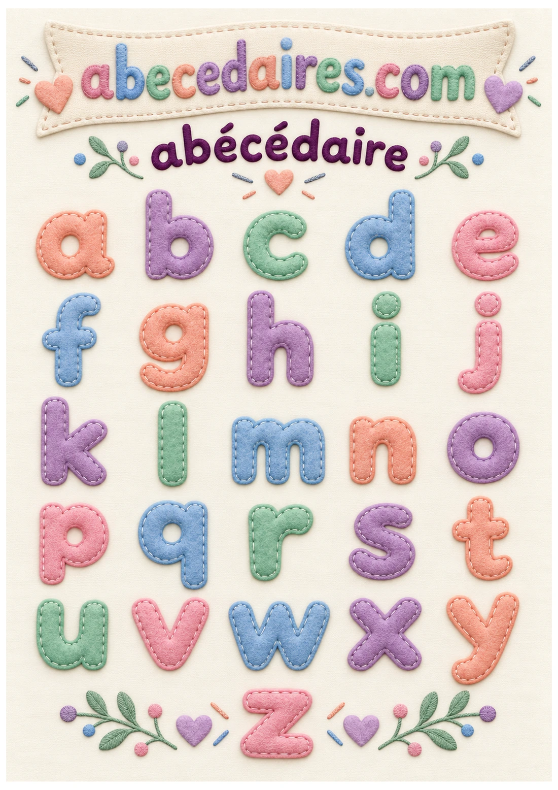 Abécédaire de l’alphabet de A à Z en français, style minuscules — feutrine pastel, par Abecedaires.com.