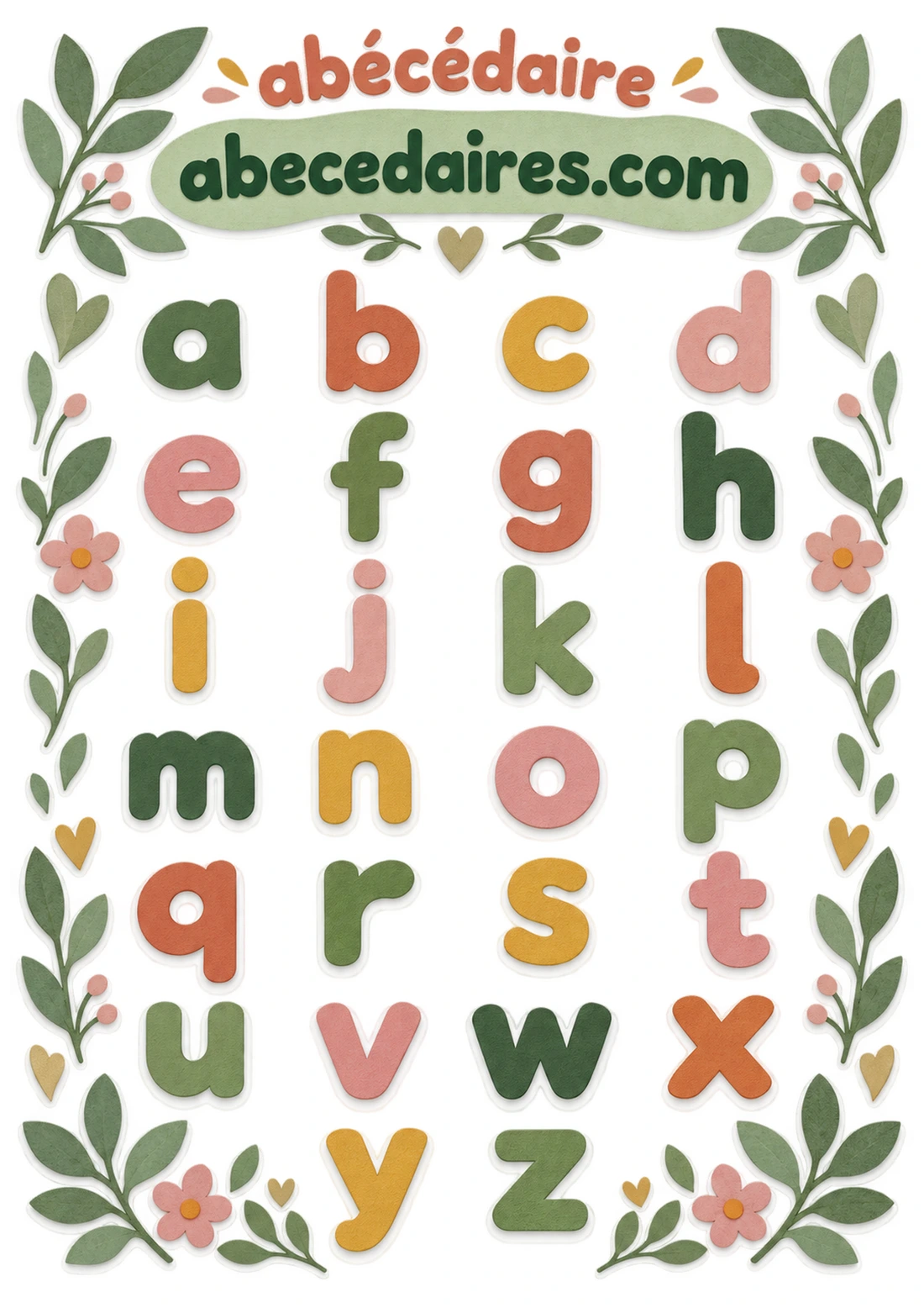 Abécédaire de l’alphabet de A à Z en français, style minuscules — jardin de papier, par Abecedaires.com.