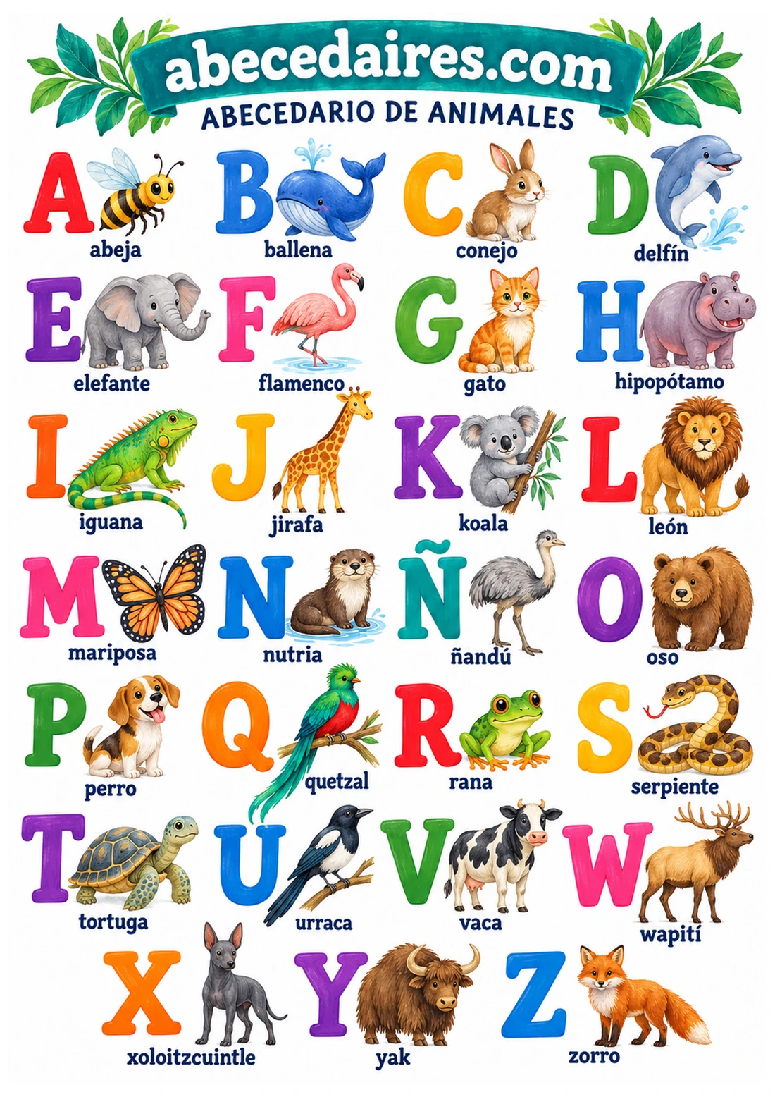 Abecedario español de 27 letras, incluida la Ñ, estilo animales — gouache, par Abecedaires.com.