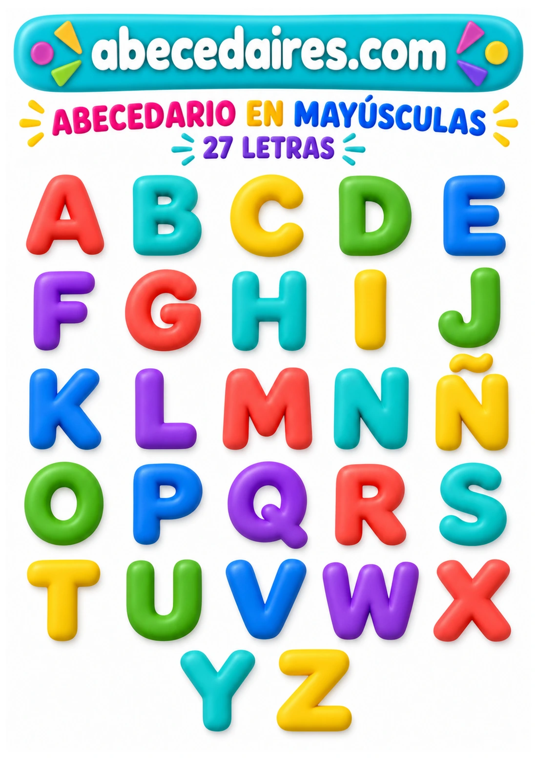 Abecedario español de 27 letras, incluida la Ñ, estilo mayúsculas — lettres en volume, par Abecedaires.com.