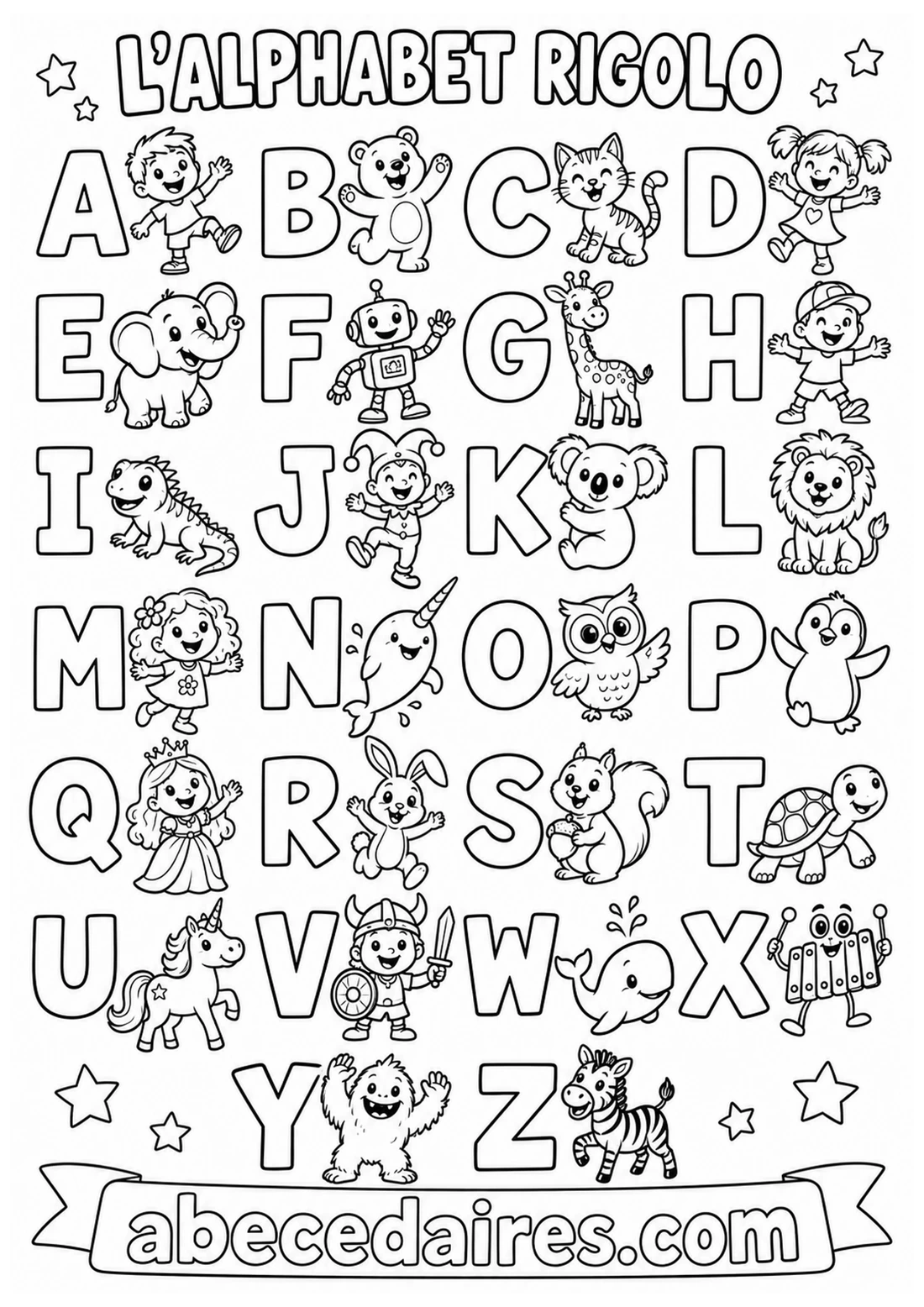 Abécédaire à colorier de A à Z en français, noir et blanc, style thème — personnages de bd rigolos, par Abecedaires.com.