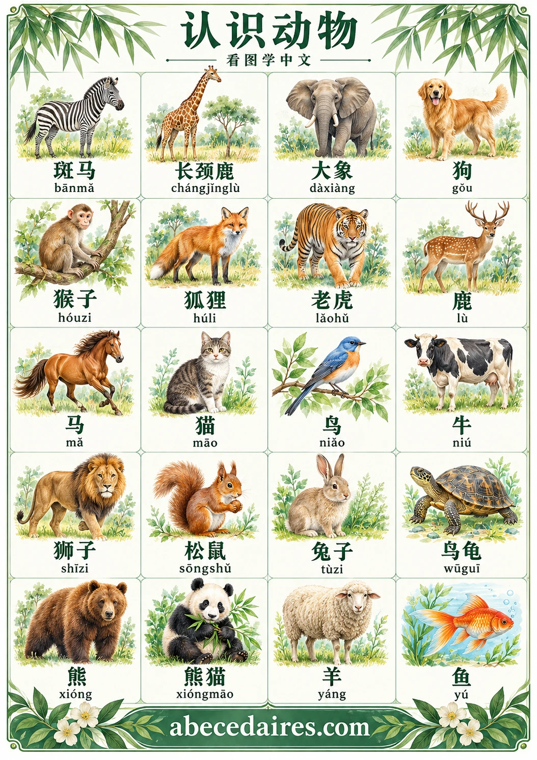 Les animaux en chinois : affiche illustrée Abecedaires.com.