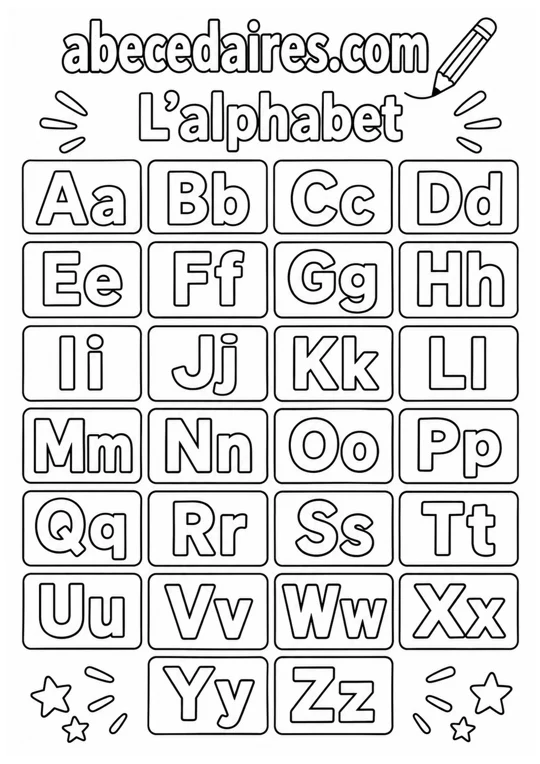 Abécédaire à colorier de A à Z en français, noir et blanc, style alphabet — majuscules et minuscules, par Abecedaires.com.