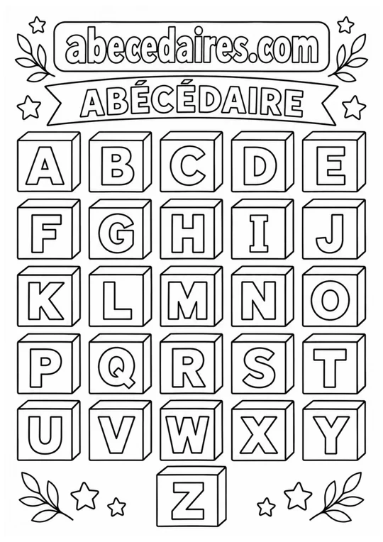Abécédaire à colorier de A à Z en français, noir et blanc, style alphabet — majuscules sur cubes, par Abecedaires.com.