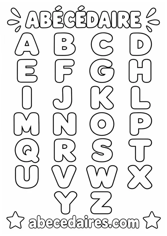Abécédaire à colorier de A à Z en français, noir et blanc, style alphabet — majuscules rondes, par Abecedaires.com.