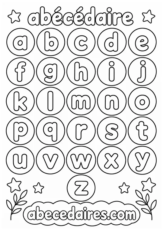 Abécédaire à colorier de A à Z en français, noir et blanc, style alphabet — minuscules étoilées, par Abecedaires.com.