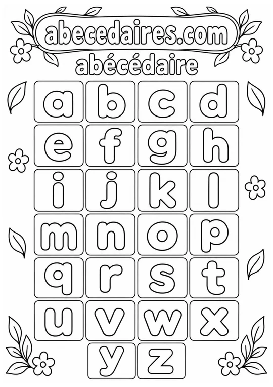 Abécédaire à colorier de A à Z en français, noir et blanc, style alphabet — minuscules du jardin, par Abecedaires.com.