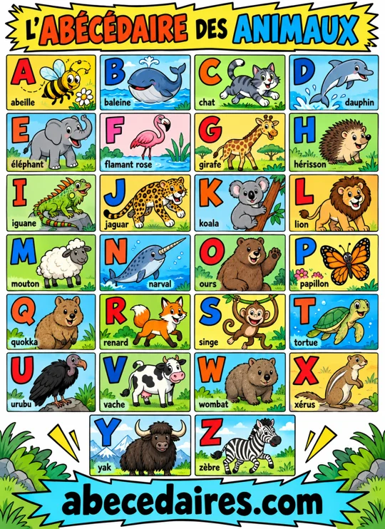Abécédaire des animaux de A à Z en français, style bande dessinée, par Abecedaires.com.