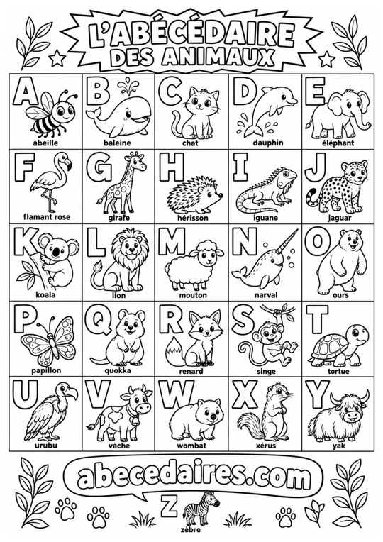 Abécédaire à colorier de A à Z en français, noir et blanc, style animaux — bande dessinée, par Abecedaires.com.