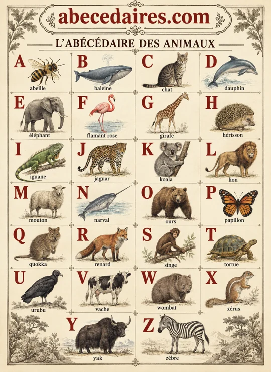 Abécédaire des animaux de A à Z en français, style cabinet naturaliste, par Abecedaires.com.