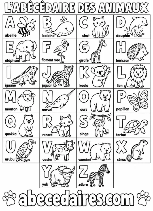 Abécédaire des animaux de A à Z en français, style coloriage, par Abecedaires.com.