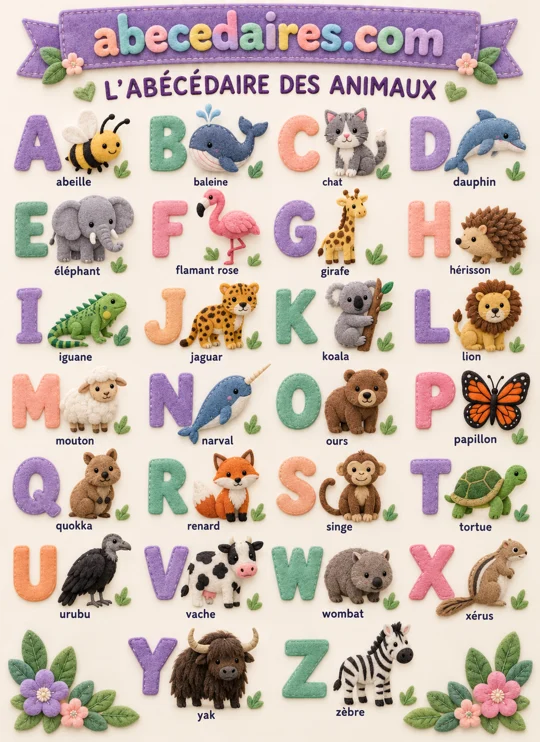 Abécédaire des animaux de A à Z en français, style doudous en feutrine, par Abecedaires.com.