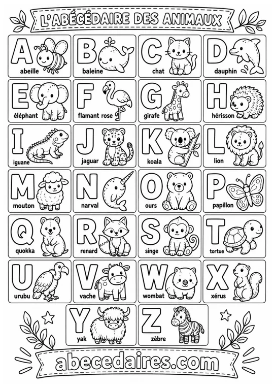 Abécédaire à colorier de A à Z en français, noir et blanc, style animaux — doudous, par Abecedaires.com.