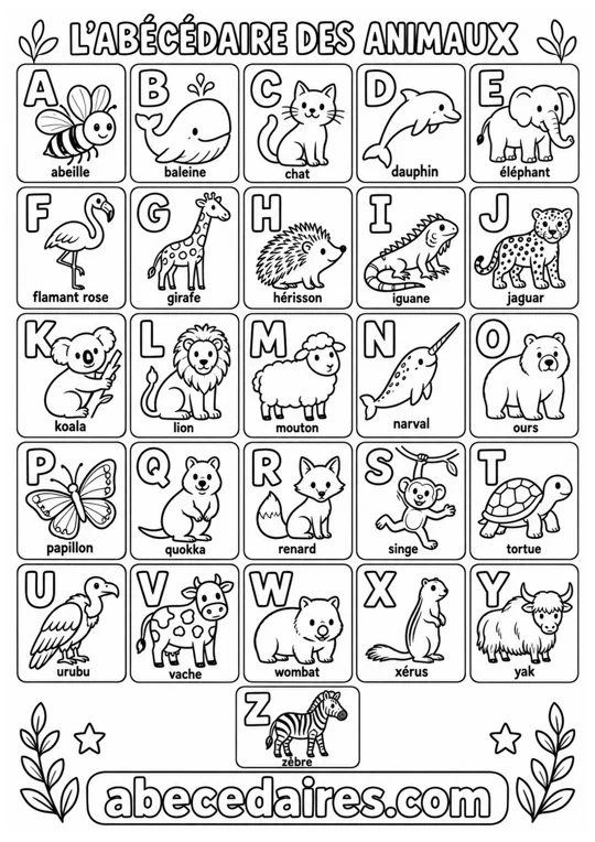 Abécédaire à colorier de A à Z en français, noir et blanc, style animaux — formes géométriques, par Abecedaires.com.