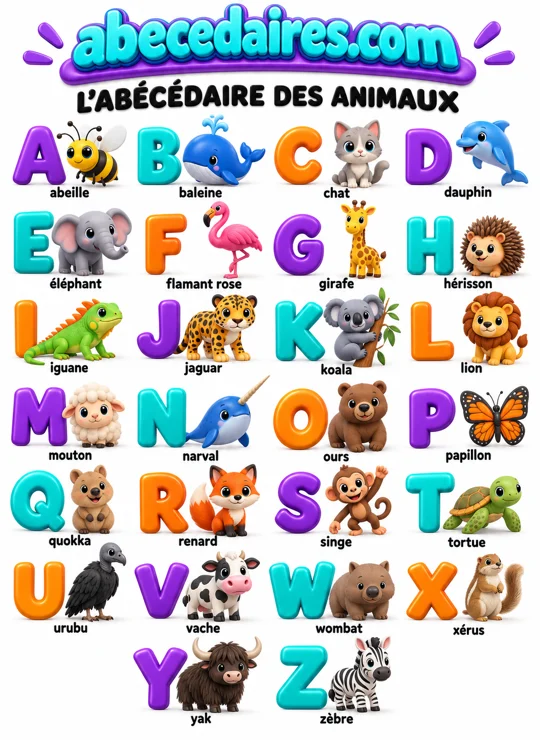 Abécédaire des animaux de A à Z en français, style jouets 3d, par Abecedaires.com.