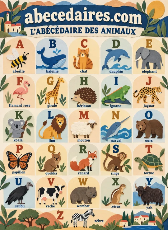 Abécédaire des animaux de A à Z en français, style papier découpé, par Abecedaires.com.