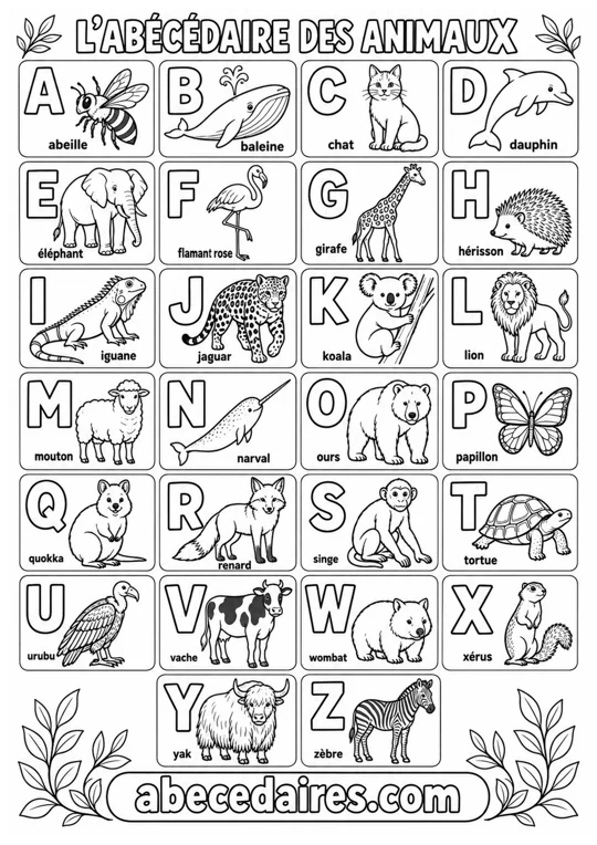 Abécédaire à colorier de A à Z en français, noir et blanc, style animaux — nature, par Abecedaires.com.