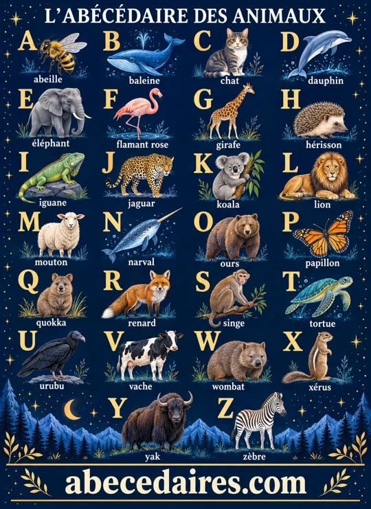 Abécédaire des animaux de A à Z en français, style nuit étoilée, par Abecedaires.com.