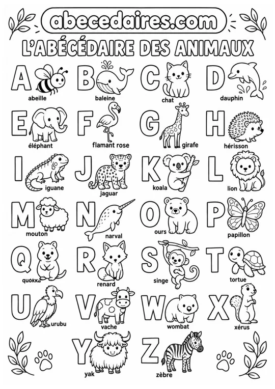 Abécédaire à colorier de A à Z en français, noir et blanc, style animaux — petits amis, par Abecedaires.com.