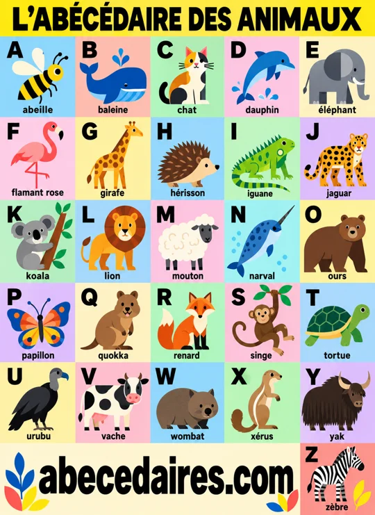 Abécédaire des animaux de A à Z en français, style pop géométrique, par Abecedaires.com.
