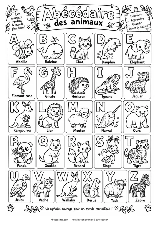 Abécédaire des animaux en français, coloriage.