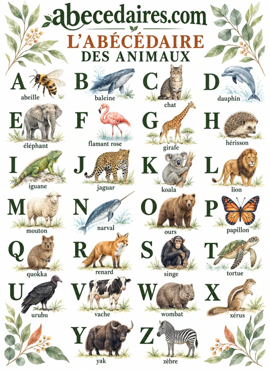 Abécédaire des animaux de A à Z en français, style aquarelle botanique, par Abecedaires.com.