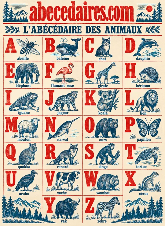 Abécédaire des animaux de A à Z en français, style linogravure rétro, par Abecedaires.com.