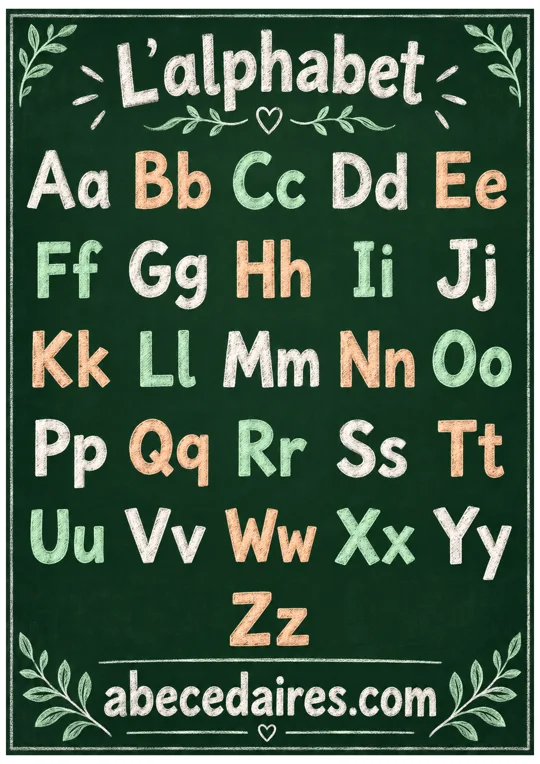 Abécédaire de l’alphabet de A à Z en français, style majuscules et minuscules — ardoise, par Abecedaires.com.